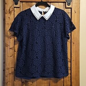Faith Joy Navy Floral Lace Jeweled Collar Top L